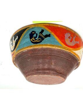 Hand-Painted Terracotta Bowl Tribal Animal Motif 8"x3"Rustic Indian Cabin Core
